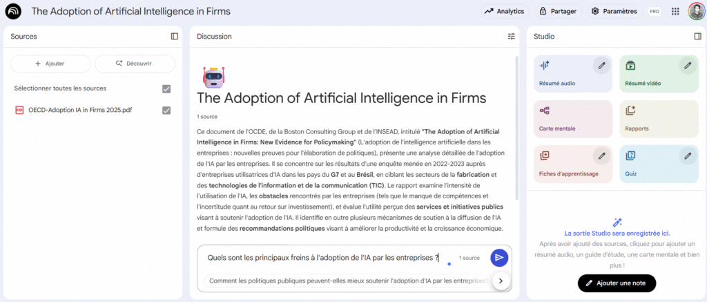 Intégration d'une longue étude pdf dans NotebookLM