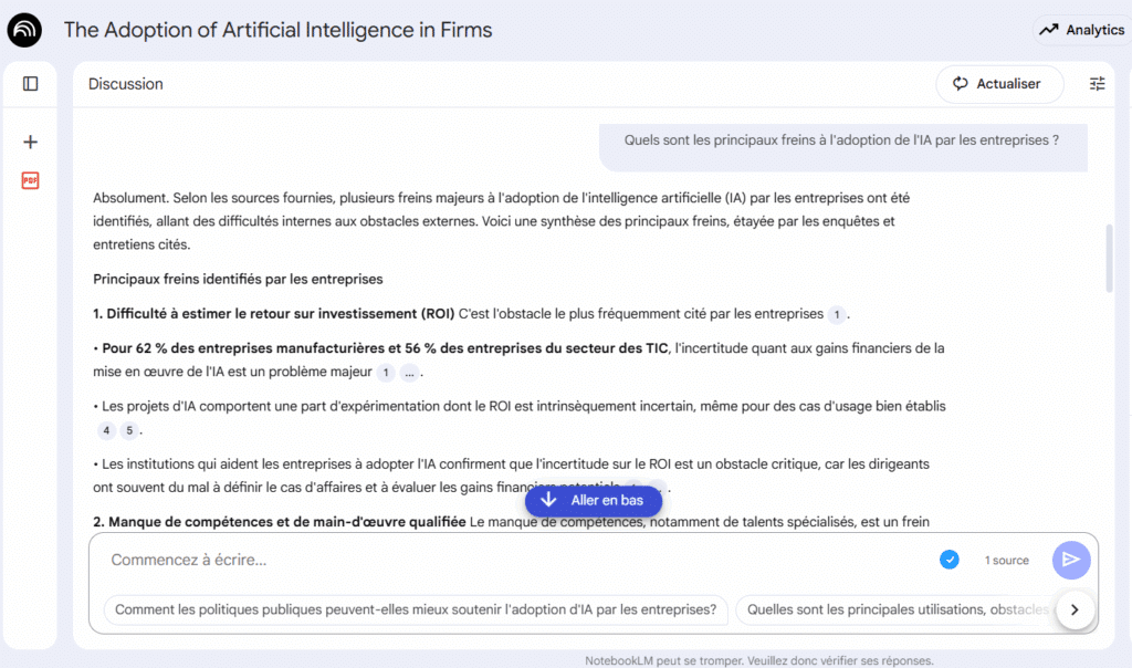 Réponse de NotebookLM sur les freins à l'adoption de l'IA par les entreprises