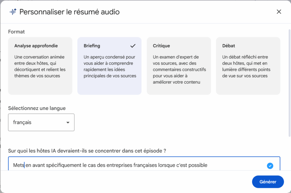 Instruction pour résumé audio sur l'adoption de l'IA par les entreprises françaises