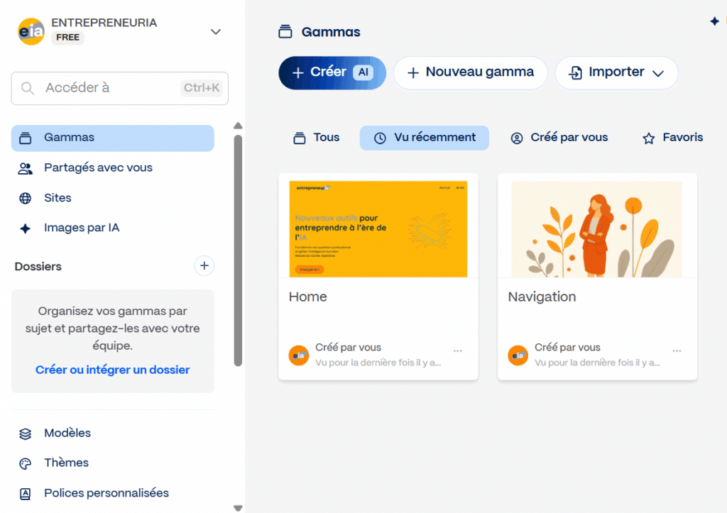 Fenetre d'accueil dans Gamma.app