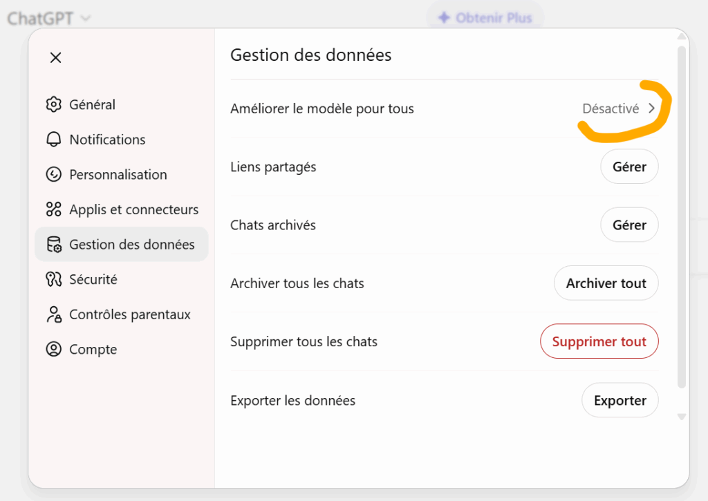 Désactiver "Améliorer le modèle pour tous"