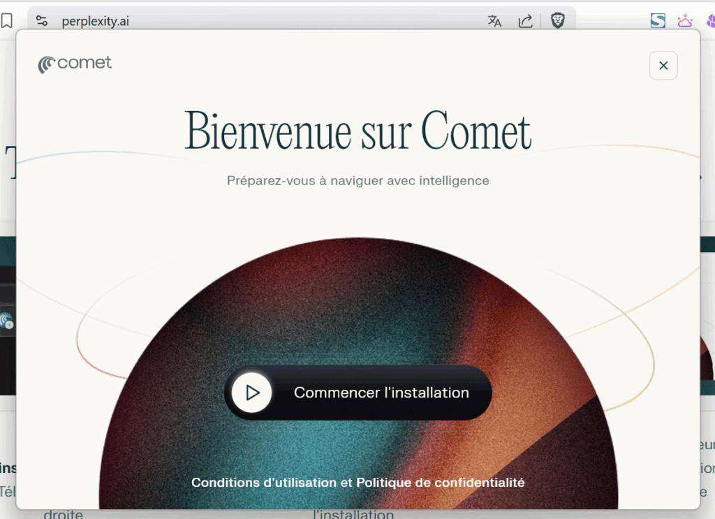 Fenetre de démarrage de l'installation de Comet