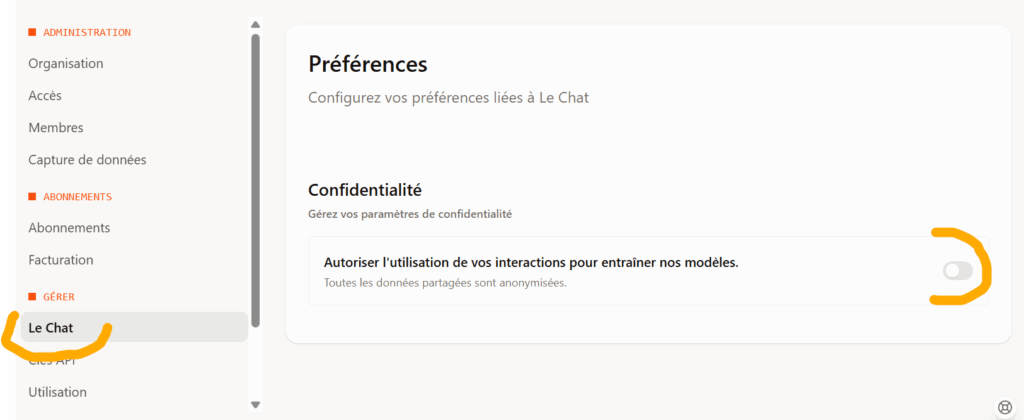 LeChat Mistral décocher Autoriser interaction pour entrainer modeles