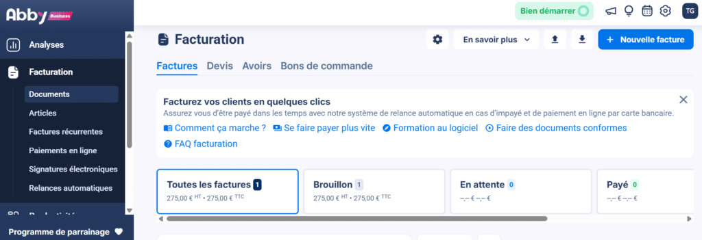 Accueil Abby Appli de facturation électronique agréée par l'Etat