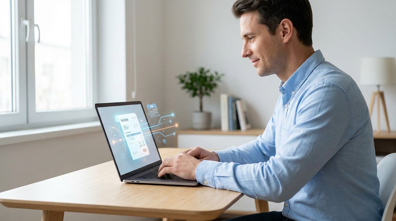 Confident man in blue shirt uses laptop with AI-powered invoice interface (2026 calendar) in a bright, modern home office.