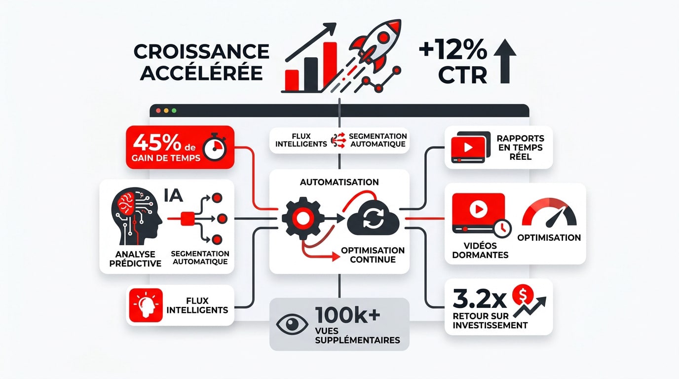 Infographie montrant le cycle d'automatisation et la croissance du taux de clic sur YouTube avec Reflare