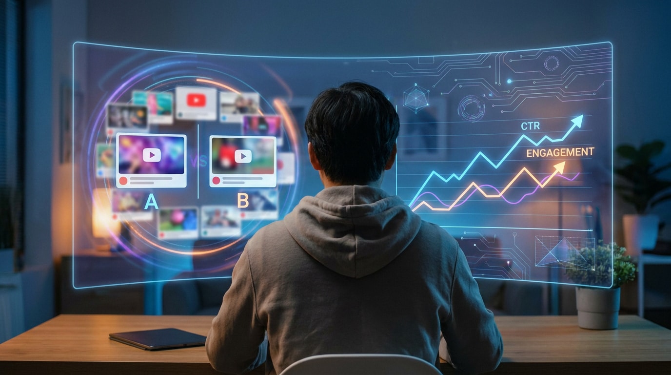 Une personne devant un écran holographique affichant des tests A/B de vignettes YouTube et des graphiques de performance.