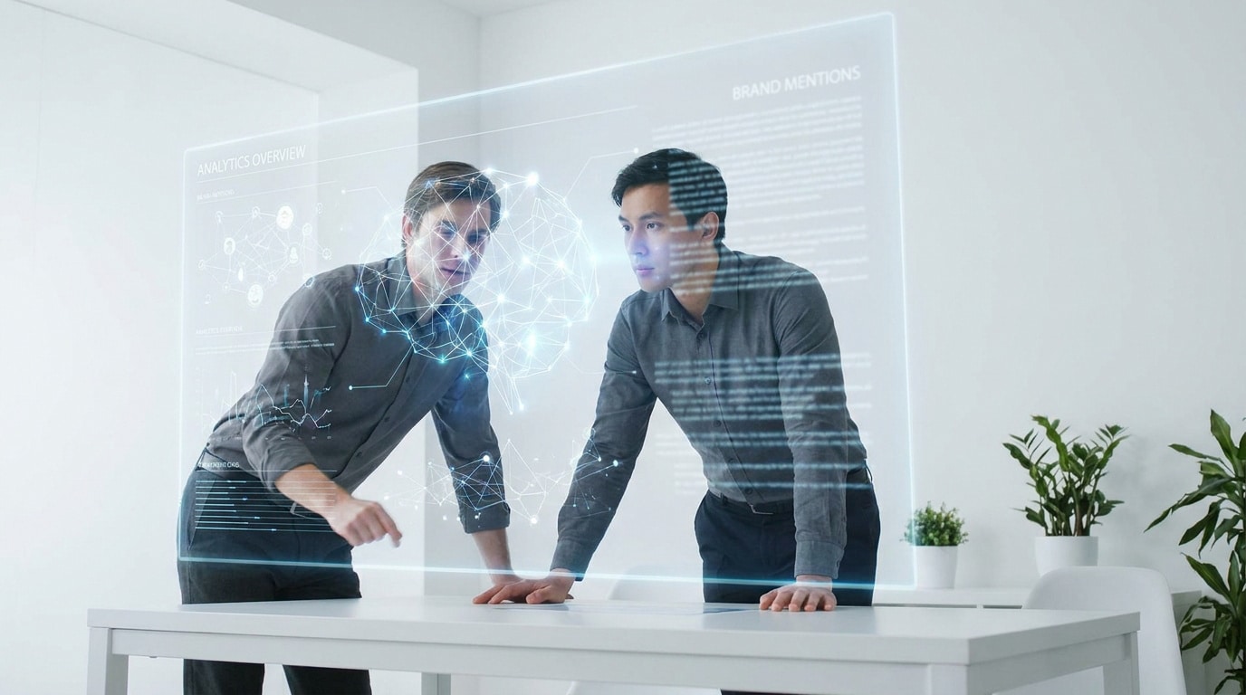 Deux professionnels analysent des données de réseaux sociaux via une interface holographique futuriste dans un bureau.